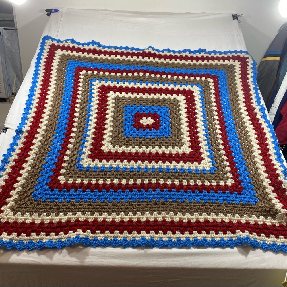 Granny Squares Blanket Crochet 46x46 Throw Blanket red brown white blue